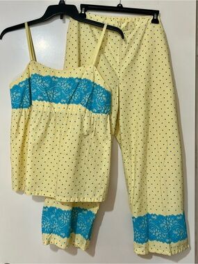 Apostrophe Yellow Polka Dot Pajama Set with Blue Lace Trim
